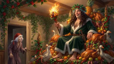 A jolly beardless giant in a green fur-trimmed robe sits on a heap of holiday food and greenery, torch in hand, while a small old man in a nightcap peeps around the door.