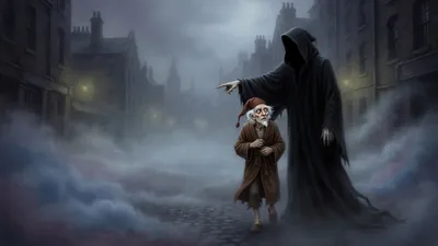 A tall black-hooded figure with one pale pointing hand leads a small frightened old man in a dressing-gown through foggy London streets.