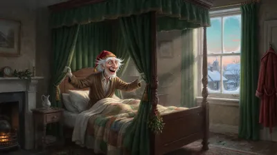 A joyful old man in a nightcap sits up in a four-poster bed, clutching the still-hanging bed-curtains, morning light in the room.