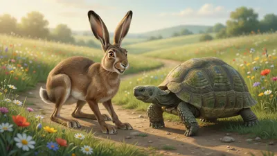 A brown hare with black-tipped ears grins at a mossy-shelled tortoise on a dirt path in a wildflower meadow.