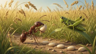 A brown ant holds a seed; a green grasshopper sits on a leaf in a golden field.