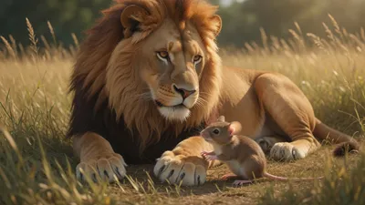A large golden lion lies in grass; a tiny brown mouse stands by his paw.