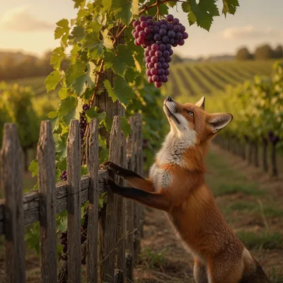 A red fox gazes up at a bunch of purple grapes hanging from a high vine.