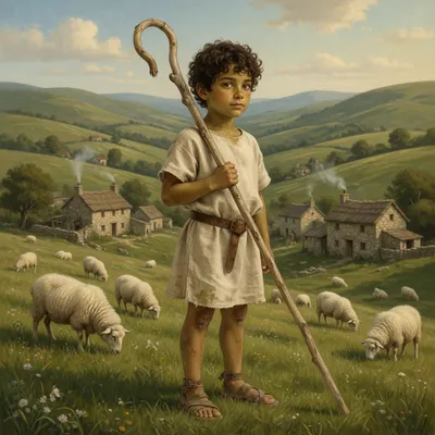 A boy in a linen tunic holds a wooden crook among sheep on a hillside.