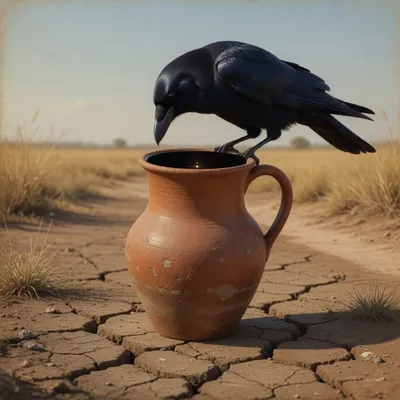 A black crow stands on a clay pitcher on cracked dry ground.