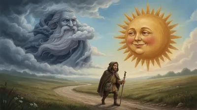 A cloaked traveler walks a road under a cold windy sky on one side and a bright sun on the other.