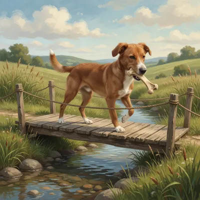 A tan farm dog trots down a lane carrying a bone in his mouth.