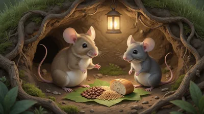 A plump sandy mouse offers acorns and wheat; a sleek grey mouse nibbles a little.