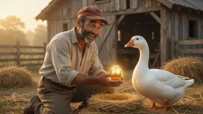 A white goose sits on a nest; a farmer looks at a shining gold egg in the straw.