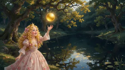 A princess in a pale-pink gown tosses a golden ball beside a dark forest pool in dappled sunlight.