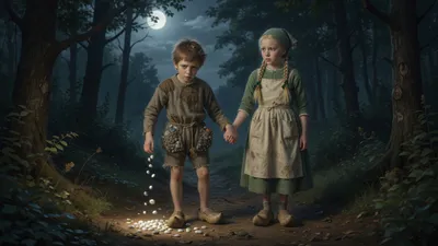 A boy drops shining pebbles on a moonlit forest path while a blonde girl holds his hand.