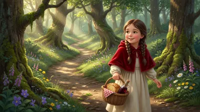 A girl in a red hooded cape carries one woven basket along a sunlit winding forest path.