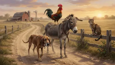 A bony grey donkey with a worn mill-harness talks with a droopy brown hound, a skinny tabby cat, and a scrawny rooster on a sunlit dirt road.