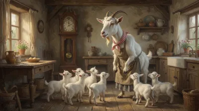 A mother goat in an apron warns seven little goat kids in a cottage kitchen with a tall clock.