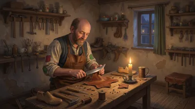An older shoemaker in a leather apron cuts leather at a workbench by candlelight in a humble workshop.