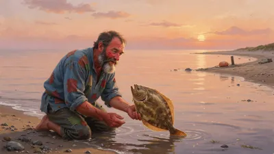 A weather-beaten fisherman in a patched smock kneels on a shore holding a large shimmering flounder beside calm golden water.