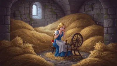 A young woman in a blue peasant dress weeps beside a spinning wheel in a stone room piled with straw.