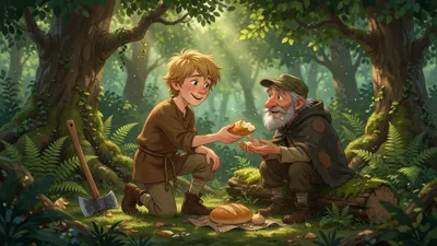 A freckled teenage boy shares bread with a small gray-bearded old man on a log in a forest.