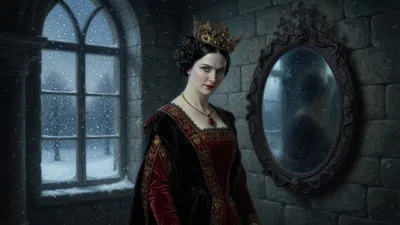 A tall woman in a black-and-crimson gown and gold crown stands before a round magic mirror in a castle chamber, winter light at an ebony window.