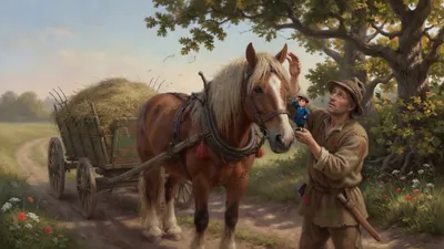 A woodman holds a tiny boy in a brown cap and blue coat on his fingers beside a chestnut cart-horse with ordinary ears; his other hand reaches toward the horse's ear.