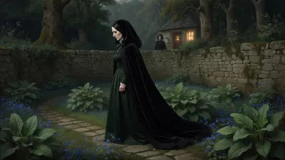 A high-walled garden of leafy green rampion; a stern woman in a dark cloak and green gown walks among the beds.