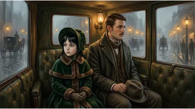 A young girl in a fur-trimmed velvet coat leans against her father inside a horse-drawn cab as it passes through a foggy, gas-lit London street.
