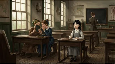 A dark-haired girl in a blue school dress sits upright at a desk while other girls stare and whisper behind their books.