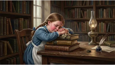 A plump, flaxen-haired girl blushes deeply at her desk while another girl watches her kindly and two others laugh.