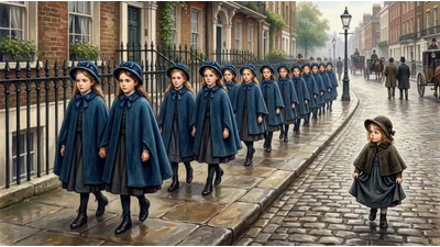 A line of Victorian schoolgirls walks through a foggy square led by a stern woman in black, with a richly dressed girl at the head of the line.