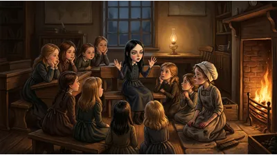 A girl tells a story to a ring of seated pupils by firelight while a small servant girl kneels at the hearth, listening with her brush forgotten in her hand.