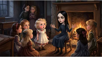 A girl gestures widely while telling a story to younger children around a fire, as two older girls exchange scornful looks in the shadows.