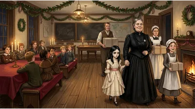 A stern woman in black leads a girl in a party dress into a holly-decorated schoolroom, followed by servants carrying large boxes.