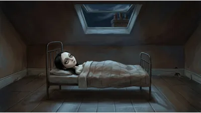 A girl lies awake on a hard narrow bed in a dark attic beneath a small skylight showing a square of night sky.