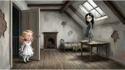 A small girl in a white pinafore stands dismayed in the doorway of a bare attic while an older girl turns round on a table beneath the skylight.