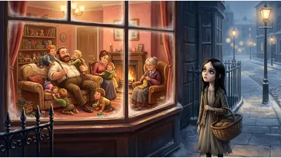 A thin girl with a basket stands in a cold street looking up at a bright window where a large happy family is gathered.