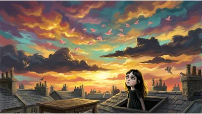 A girl leans out of an attic skylight onto a rooftop, her face lit gold by an enormous cloud-filled sunset.