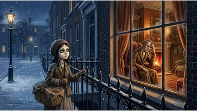 A girl with a basket stands at iron railings in the snow, looking through a window at a thin man sitting alone by a fire.