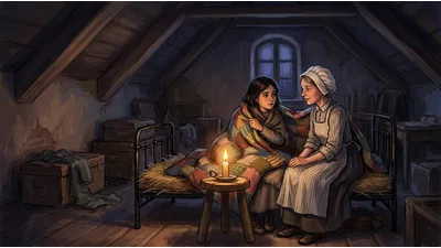 Two girls wrapped in thin coverlets huddle together on a bed in a freezing attic, one telling the other a story by candlelight.
