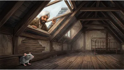 Seen past a rat peering from a hole in the skirting board, a bearded man in a white turban lifts open an attic skylight from outside.