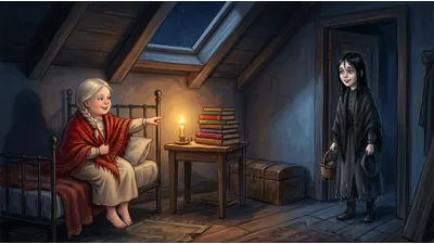 A plump girl wrapped in a red shawl sits on a bed gesturing at a pile of books while a soaked girl in the doorway looks at them with delight.