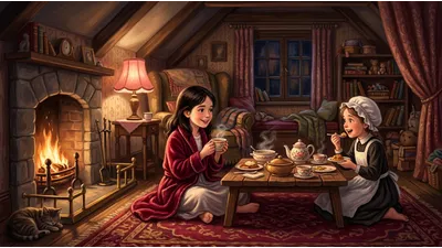 Two girls sit by a blazing attic fire with a small laid table, one in a crimson silk robe and one in a servant's cap, eating and laughing.