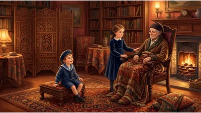 Three children sit and play around a thin man wrapped in furs in a firelit library filled with Indian furniture.