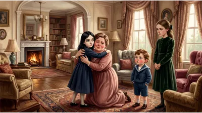 A kind middle-aged woman kneels to embrace a thin girl in a plain dress, watched by a small boy in a sailor suit and an older girl.