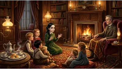 A girl sits on a hearth-rug telling a story with her hands raised while children listen and a thin gentleman watches from a chair.