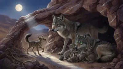 A grey wolf and his mate lie with four cubs inside a moonlit rocky den while a thin jackal stands in the cave entrance.