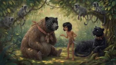 A large brown bear sits teaching a boy in a sunlit jungle clearing while a black panther lounges against a tree and monkeys watch from above.