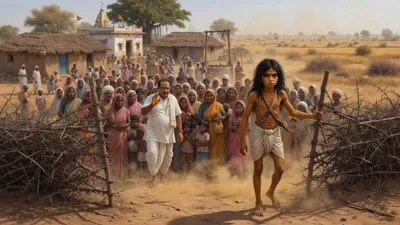 A barefoot scarred Indian boy stands at a village gate of thorn-bush while a fat priest in white and a crowd of villagers point and stare.