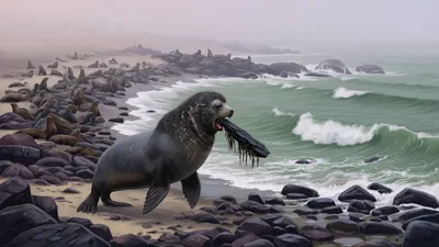 A crowded Bering Sea beach of fighting fur seals, surf and basalt rocks, a huge scarred grey seal rearing on his flippers.