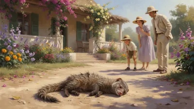 On a hot Indian garden path a small boy and his parents look down at a wet, draggled mongoose lying in the sun.