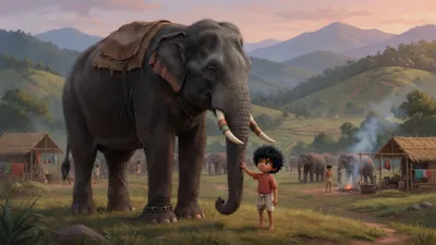 A tiny Indian boy in one rag stands before a huge dark elephant with copper-banded tusk stumps and an iron ankle-ring.